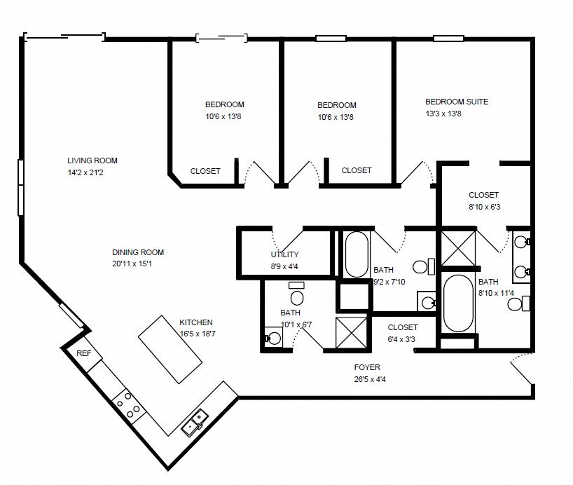 Floor plan for 3 beds, 3 baths, 1655 sqft